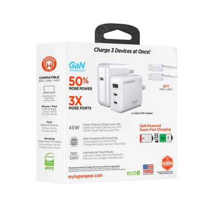 HyperGear SpeedBoost 45W USB-C PD Tri-Port GaN Fast Wall Charger with PPS and 6ft USB-C Cable - Brian Marshalls Electronics
