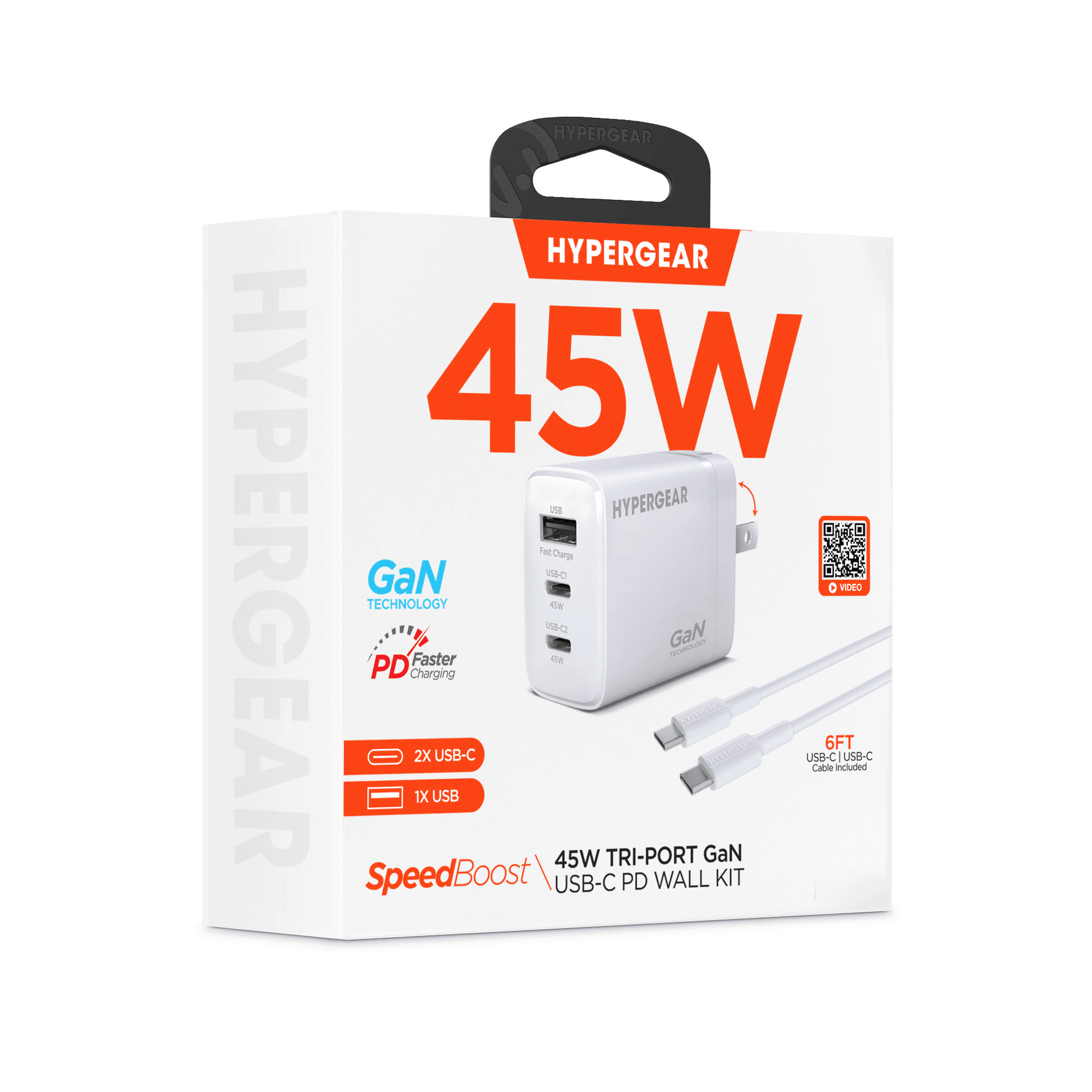 HyperGear SpeedBoost 45W USB-C PD Tri-Port GaN Fast Wall Charger with PPS and 6ft USB-C Cable - Brian Marshalls Electronics